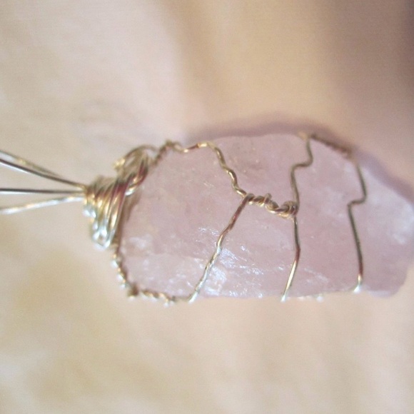 Rose Quartz silver wrapped raw crystal love Pendant Necklace - Picture 3 of 8